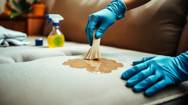 Cleaner scrubbing a stain from an upholstered sofa with a cleaning brush.